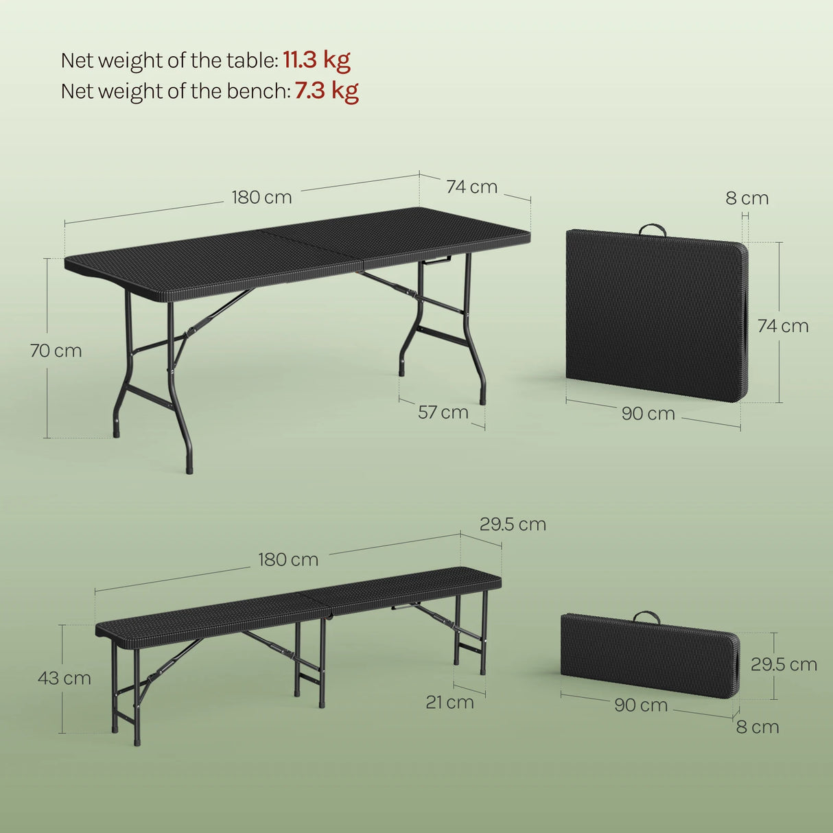 BukkitBow opvouwbare picknickset 3-delig in rattan look, 180cm, inclusief tafel en zitplaatsen voor buitengebruik.
