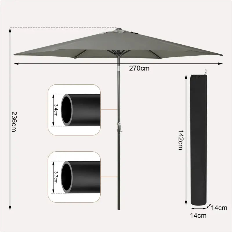 BukkitBow zeshoekige UV-bestendige strandparasol met handgreep, 45° buigbaar en geschikt voor buitengebruik.