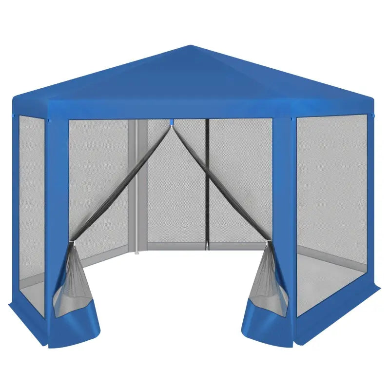 BukkitBow partytent met zijwanden, zeshoekig, opvouwbaar, blauw, zonbestendig met vliegenhor, geschikt voor tuin 380x360 cm