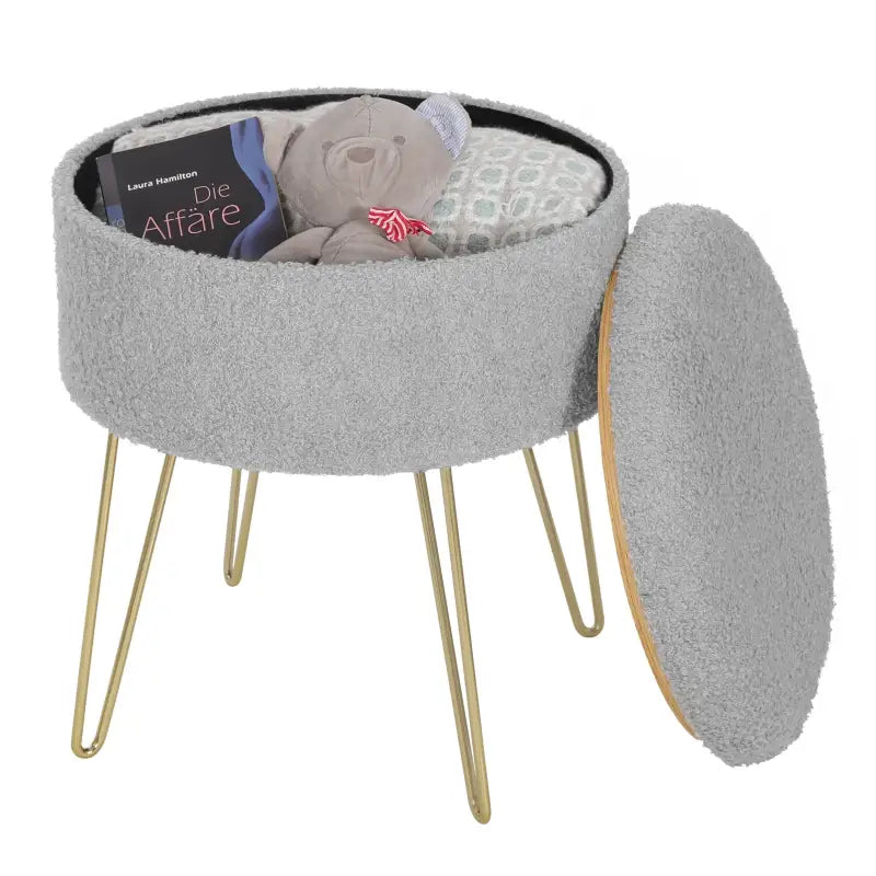 BukkitBow ronde poef met Teddy fleece zitting en verborgen opbergruimte, 39x44cm, stevige draagkracht, stijlvolle kruk.