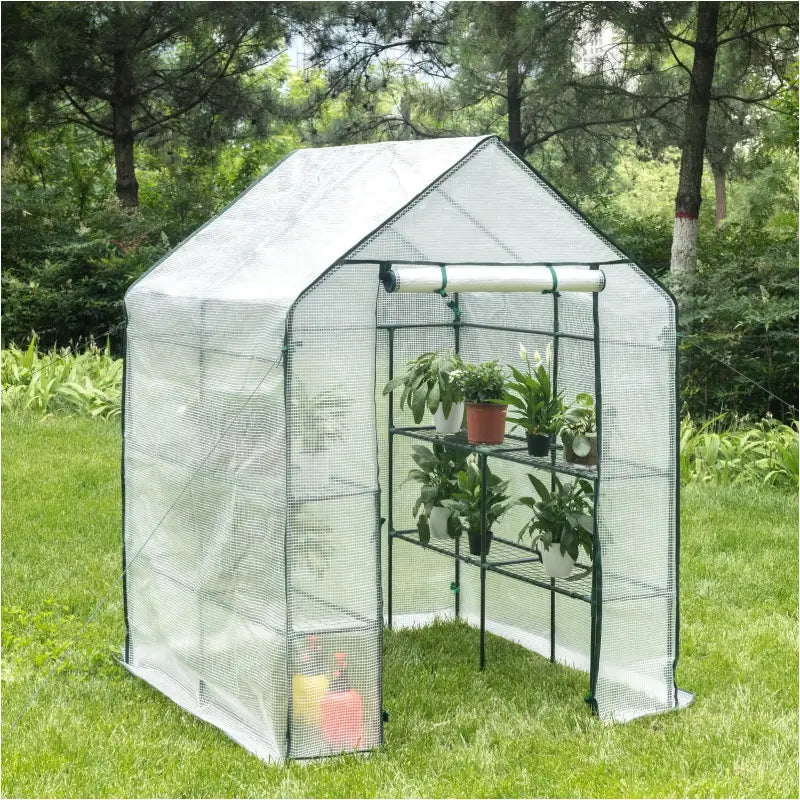 BukkitBow polytunnel tuinkas voor groenten, winterproof, compact met groot luik en drie bloemenplanken, 143x143x195 cm