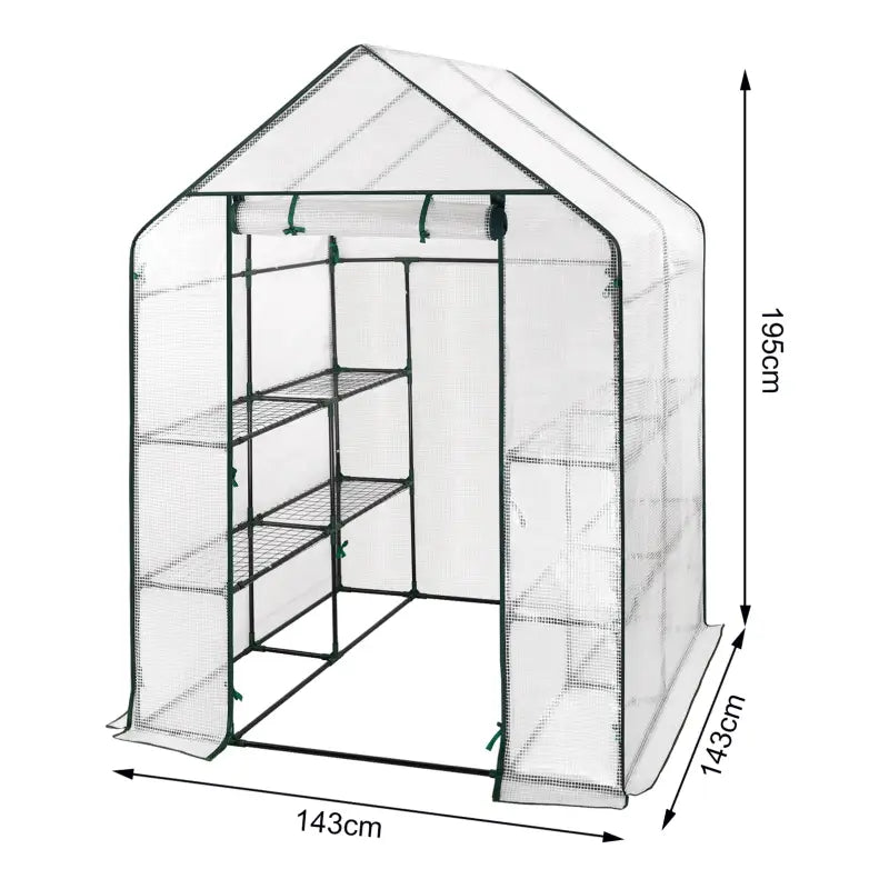 BukkitBow polytunnel tuinkas voor groenten, compact ontwerp met groot luik en drie bloemenplanken, 143x143x195 cm, winterproof.