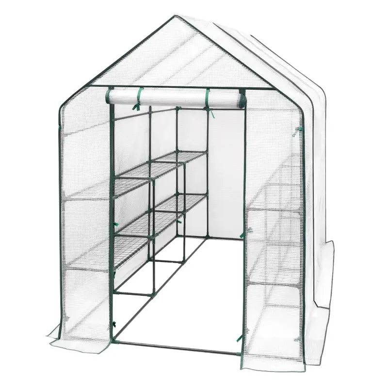 BukkitBow polytunnel tuinkas voor groenten, winterproof, compact met groot luik en drie bloemenplanken, 143x215x195 cm