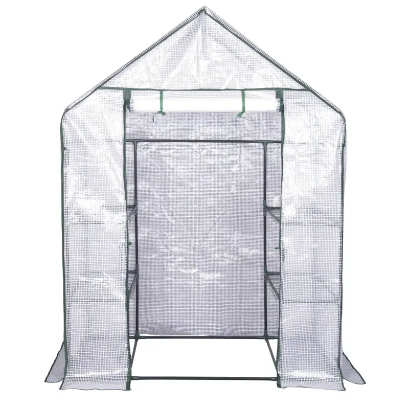 BukkitBow polytunnel tuinkas voor groenten teelt, winterproof, compact met groot luik en drie bloemenplanken, 143x73x195cm.