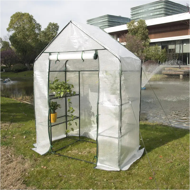 BukkitBow polytunnel tuinkas voor groenten, winterproof, compact met groot luik en drie bloemenplanken, 143x73x195 cm