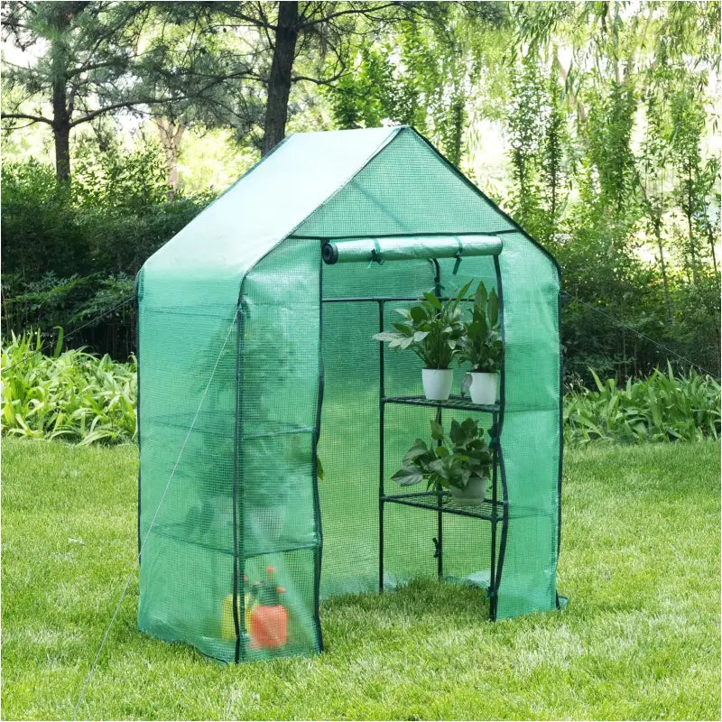 BukkitBow polytunnel tuinkas voor groenten teelt, compact met groot luik en 3 bloemenplanken, 143x73x195 cm, winterproof.