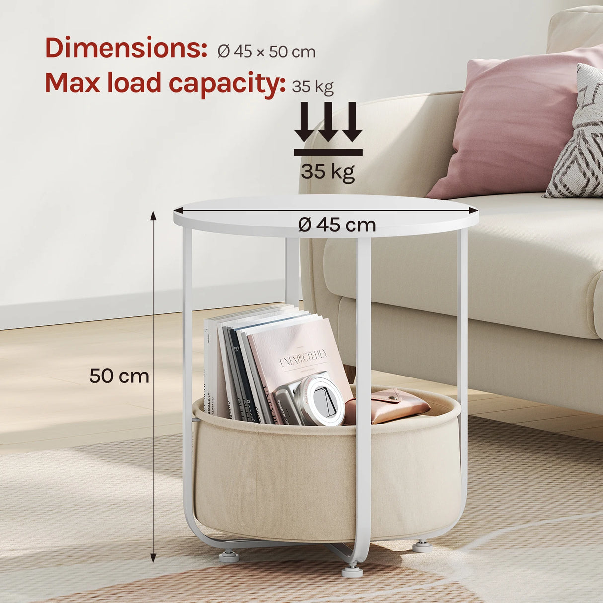Ronde BukkitBow bijzettafel met stoffen opbergmand en metalen frame, modern en functioneel design