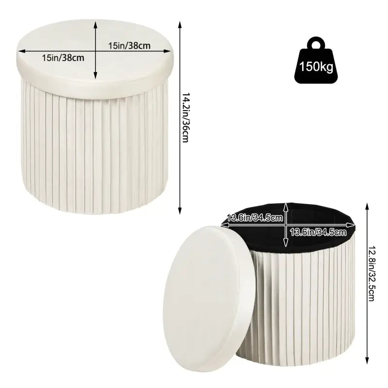 Ronde BukkitBow opbergpoef met zitkist en deskel, vouwbare voetenbank met opbergruimte, 38x38x36 cm, houtdesign en praktische functionaliteit.