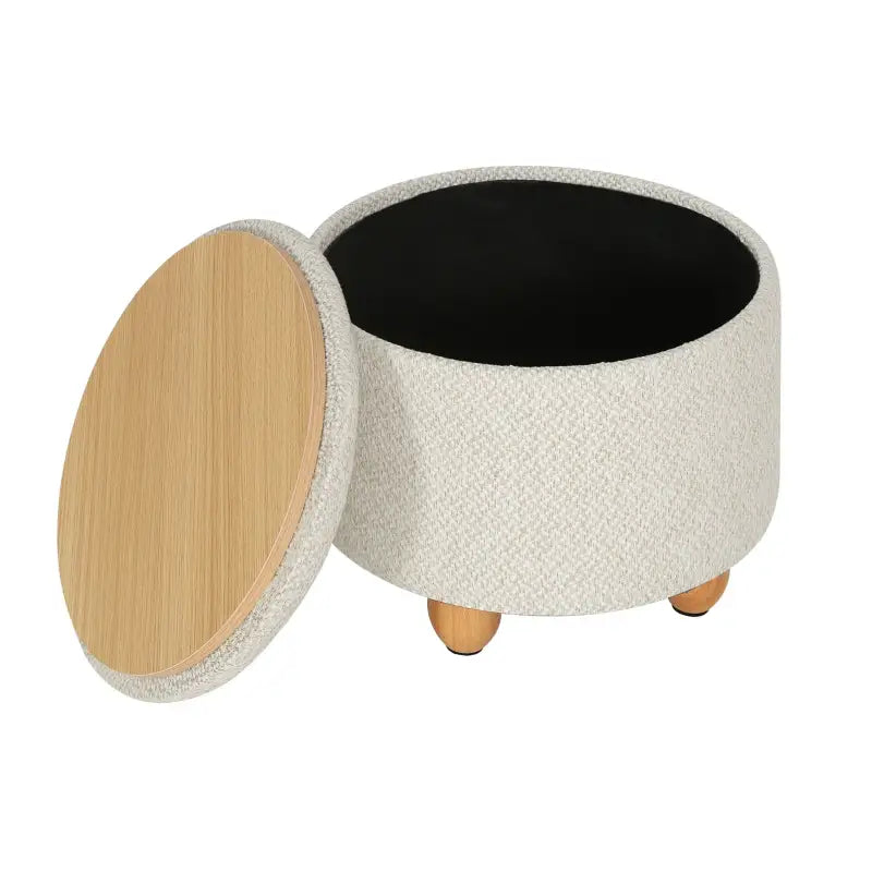 Ronde BukkitBow opbergpoef met zitkist en voetbank, 39x39x33 cm, multifunctionele poef met opbergruimte en houten deksel