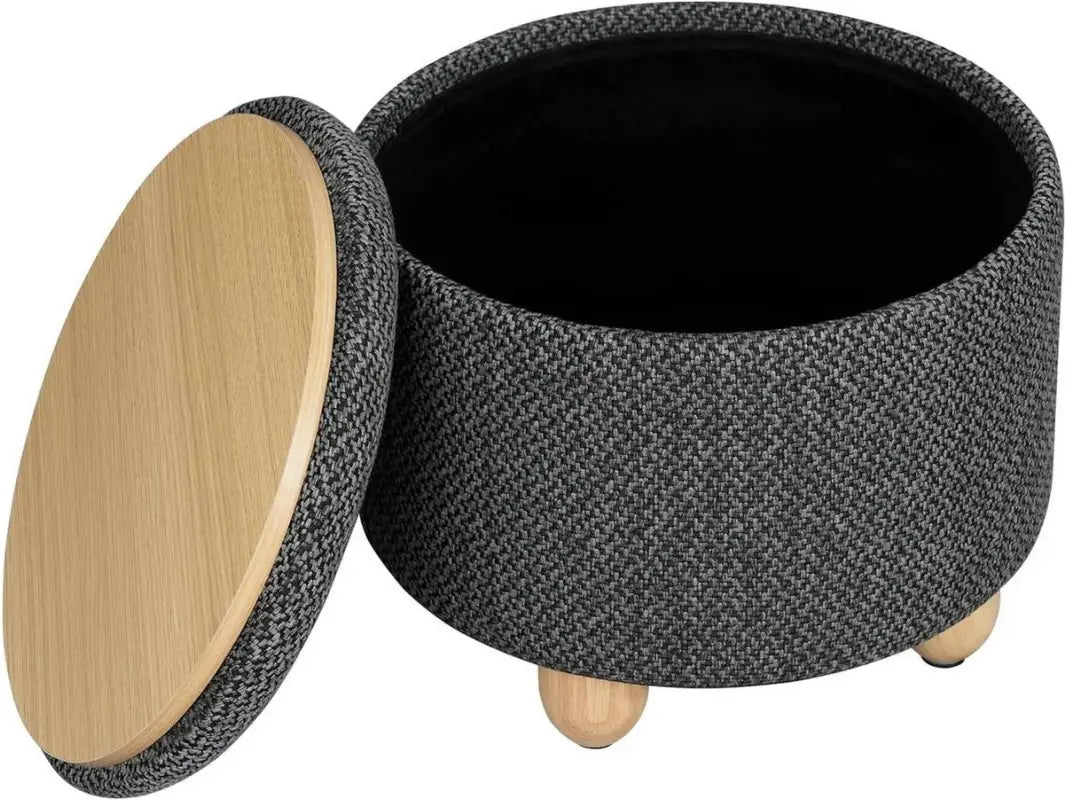 Ronde BukkitBow opbergpoef met zitkist en voetenbank, 39x39x33 cm, inklapbare deksel en opbergruimte, modern design.