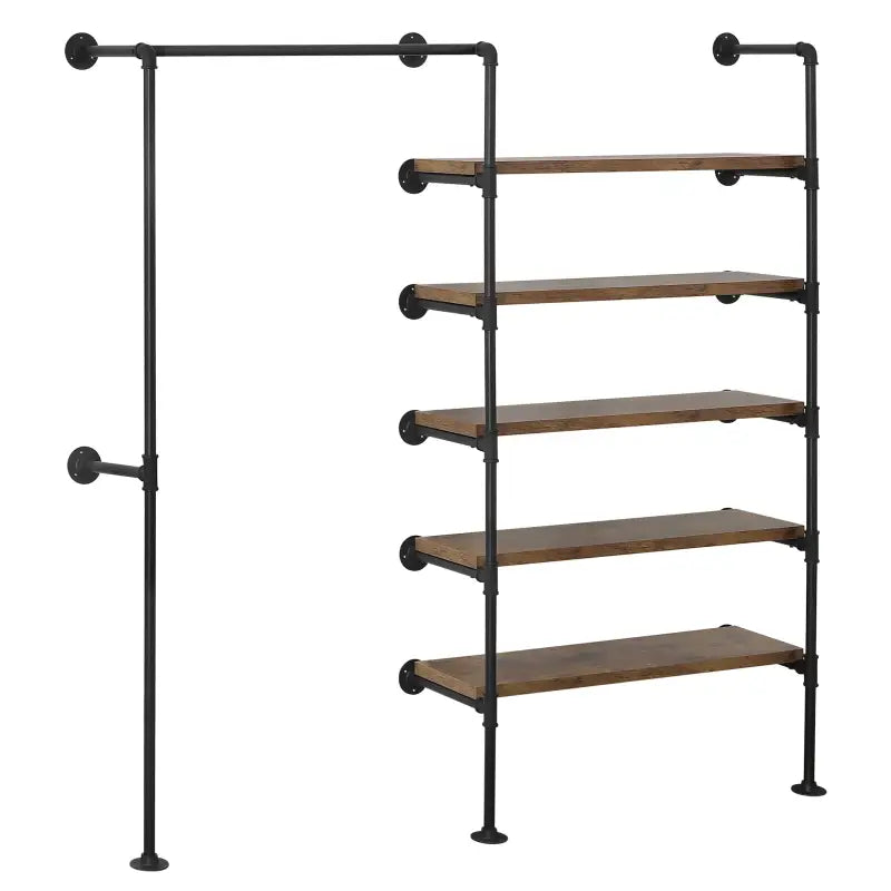 BukkitBow ruimtebesparende muur garderobe in zwart met vintage hout, industrieel kledingrek, tot 150kg draagkracht, 187,5x35x184cm