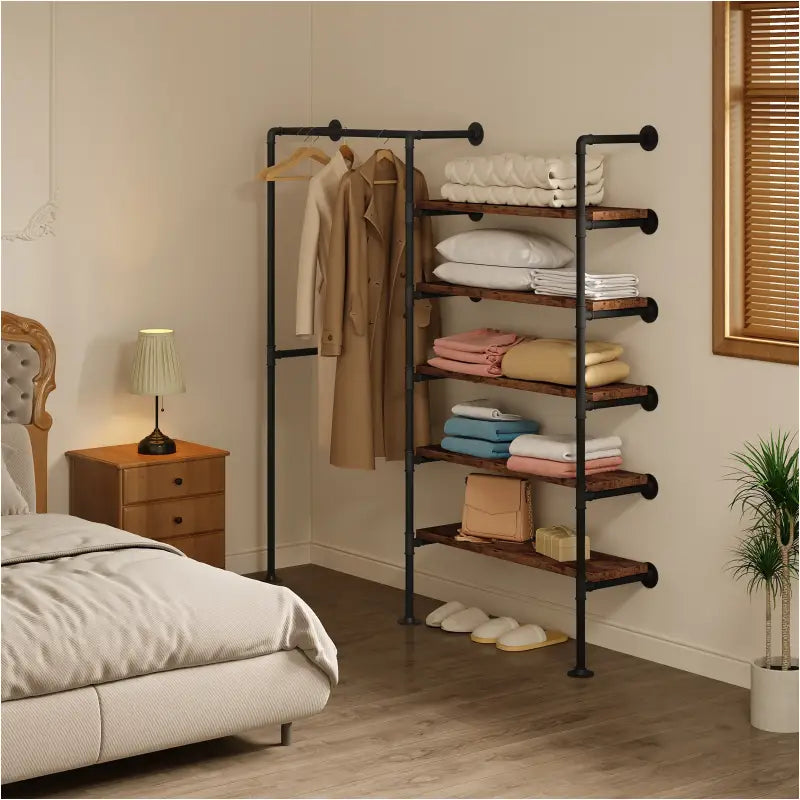 BukkitBow ruimtebesparende muur garderobe in zwart met vintage hout, industrieel stijl, geschikt tot 150kg, kledingrek, 187,5x35x184cm
