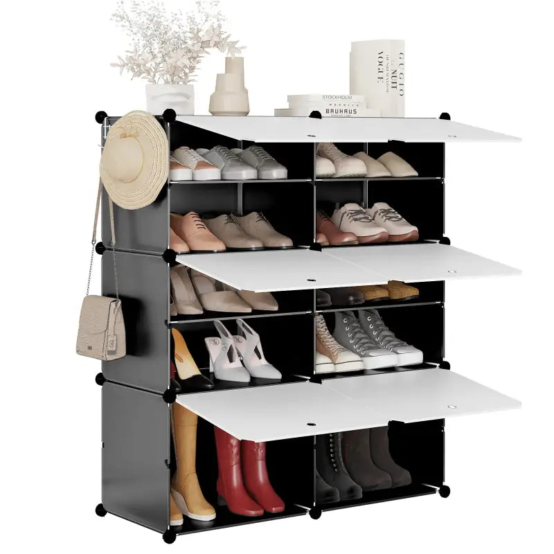 BukkitBow schoenenkast met 6 compartimenten in zwart/wit, 36,5x94x109cm, schoenenrek voor organisatie en opbergruimte