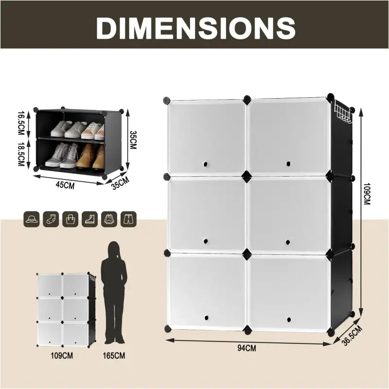 BukkitBow schoenenrek met 6 compartimenten in zwart/wit, afmetingen 36,5x94x109cm, ideaal voor schoenenopslag