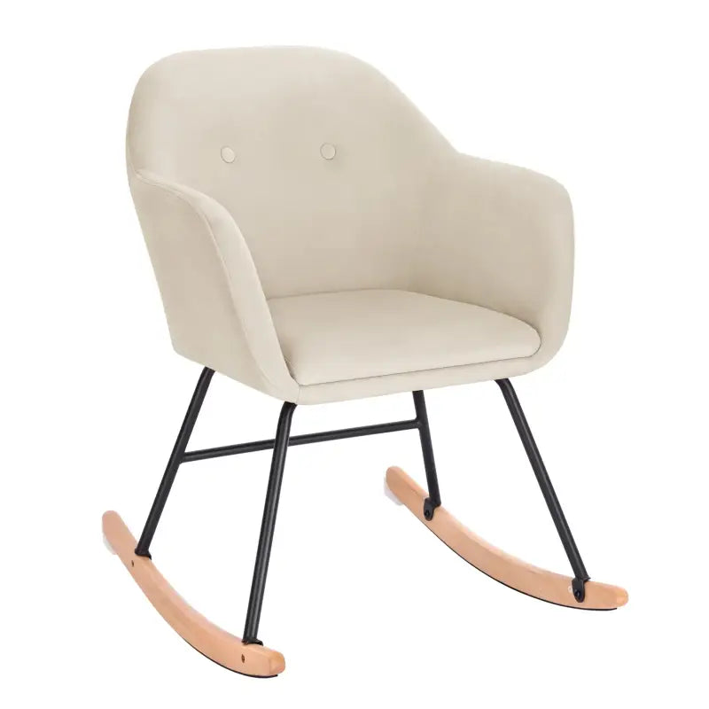 BukkitBow schommelstoel met linnen of fluwelen zitting, comfortabele fauteuil met afmetingen 80cm hoog en 40x40cm zitvlak.