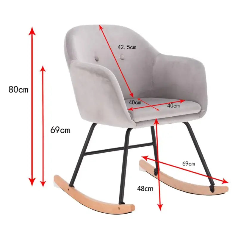BukkitBow schommelstoel met linnen of fluwelen zitting, comfortabele fauteuil met afmetingen 80cm hoog en 40x40cm zitvlak.