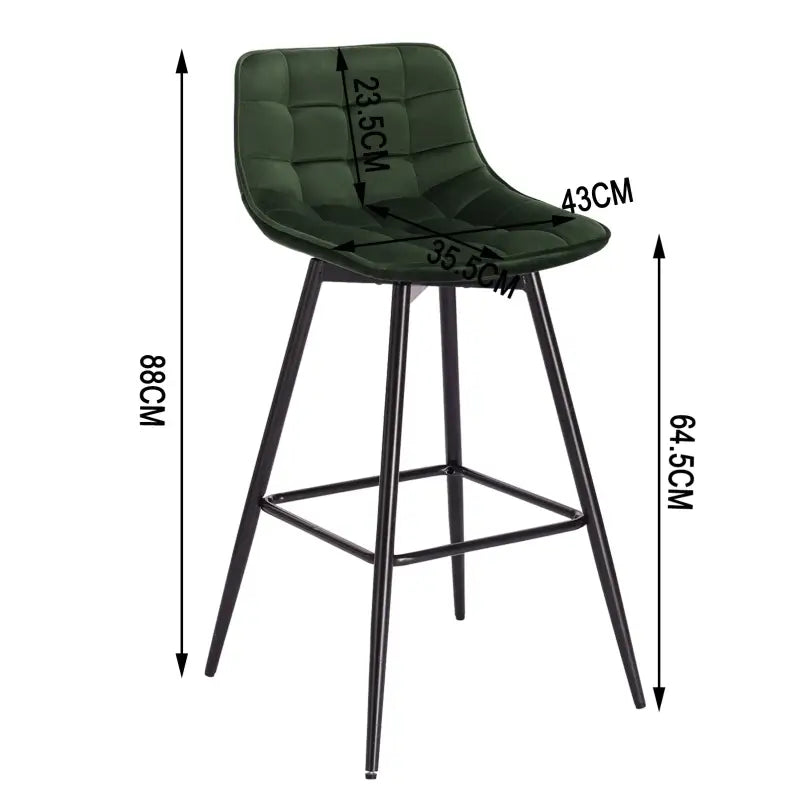 BukkitBow barkruk met leren of fluwelen bekleding, metalen onderstel en ergonomische rugleuning, zithoogte 64,5 cm, tot 100 kg draagkracht.