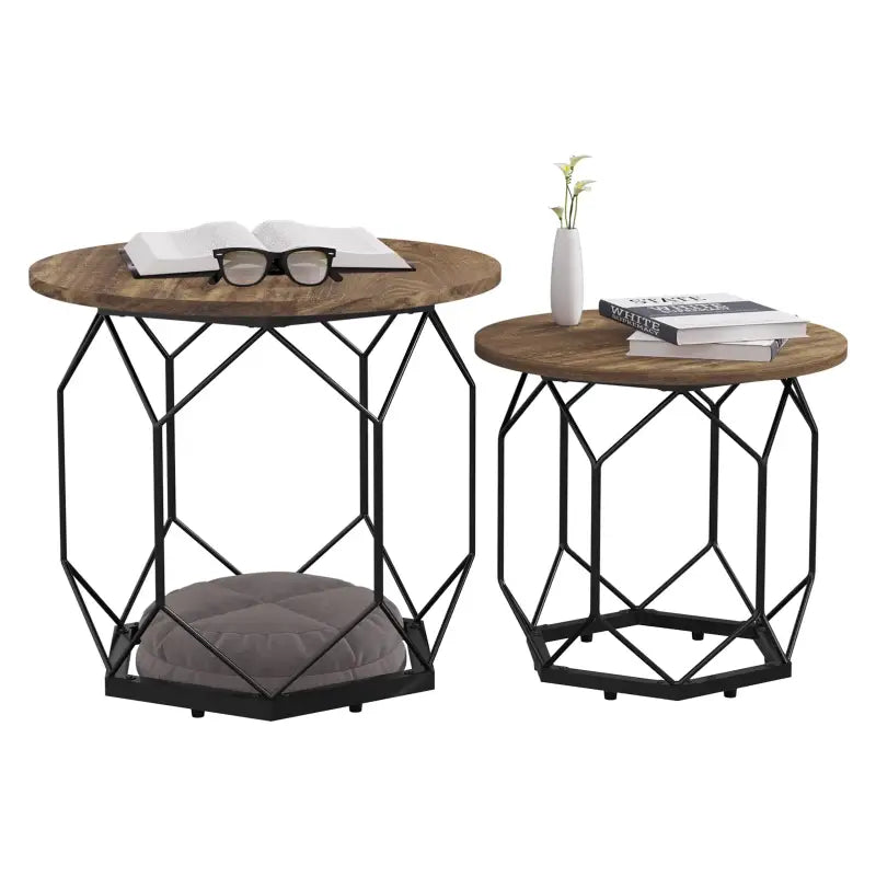 BukkitBow set van 2 bijzettafels van eikenhout en met metalen ruiten ontwerp, multifunctioneel en stijlvol, 40-50cm doorsnede