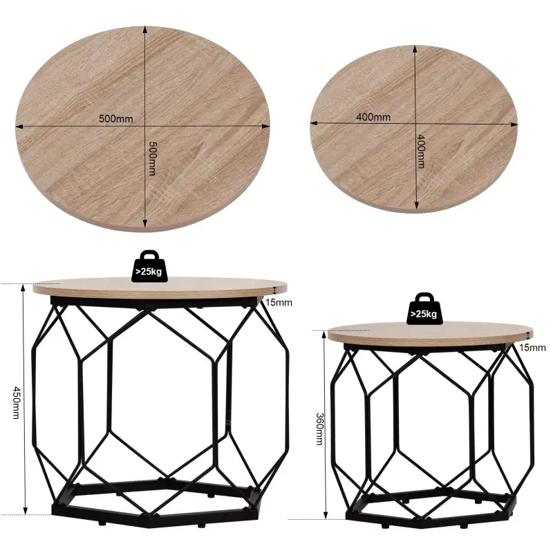 Set van 2 BukkitBow bijzettafels met vintage eikenhout en metalen ruiten ontwerp, multifunctioneel en stijlvol, 40-50 cm doorsnede.