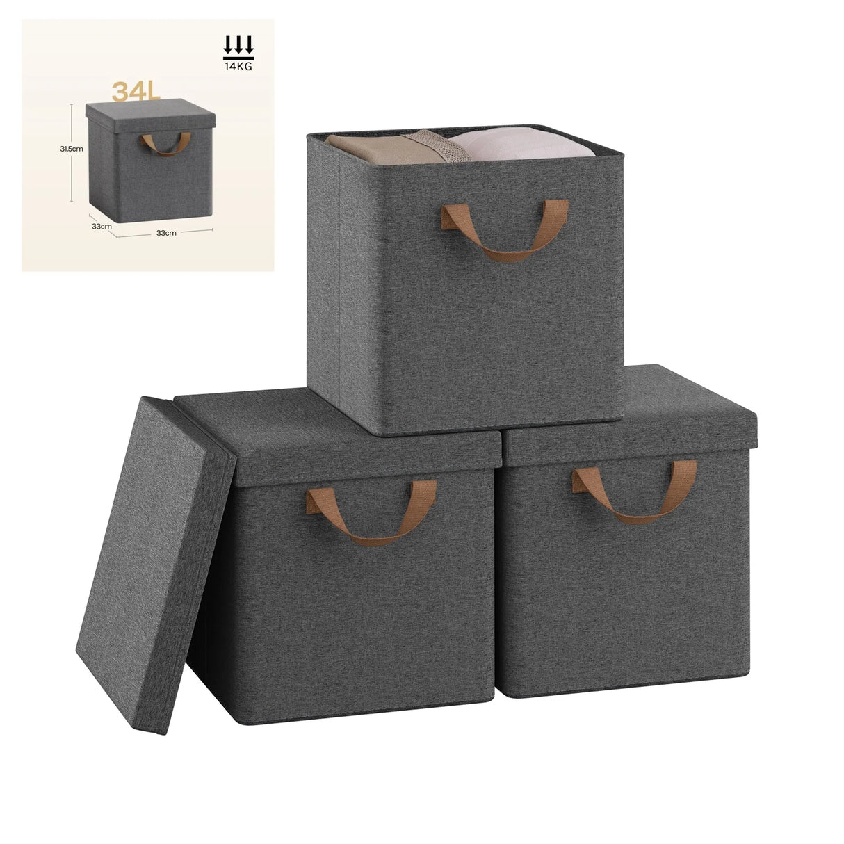 BukkitBow set van 3 opvouwbare stoffen opbergdozen met deksel, organiser voor speelgoed, kleding of accessoires