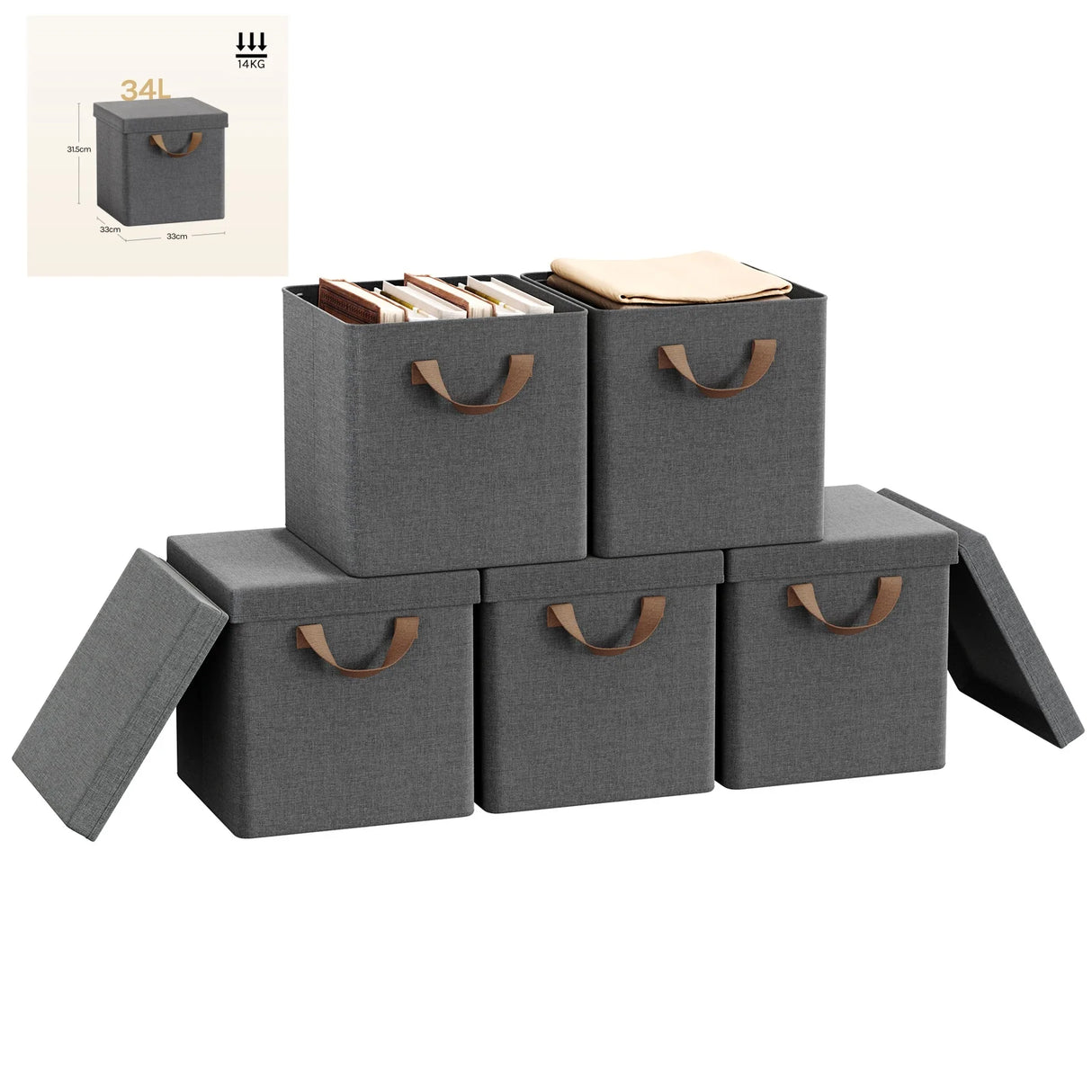 Set van 3 of 5 opvouwbare stoffen opbergdozen van BukkitBow met deksels, ideaal voor organiseringsdoeleinden in huis of kantoor.