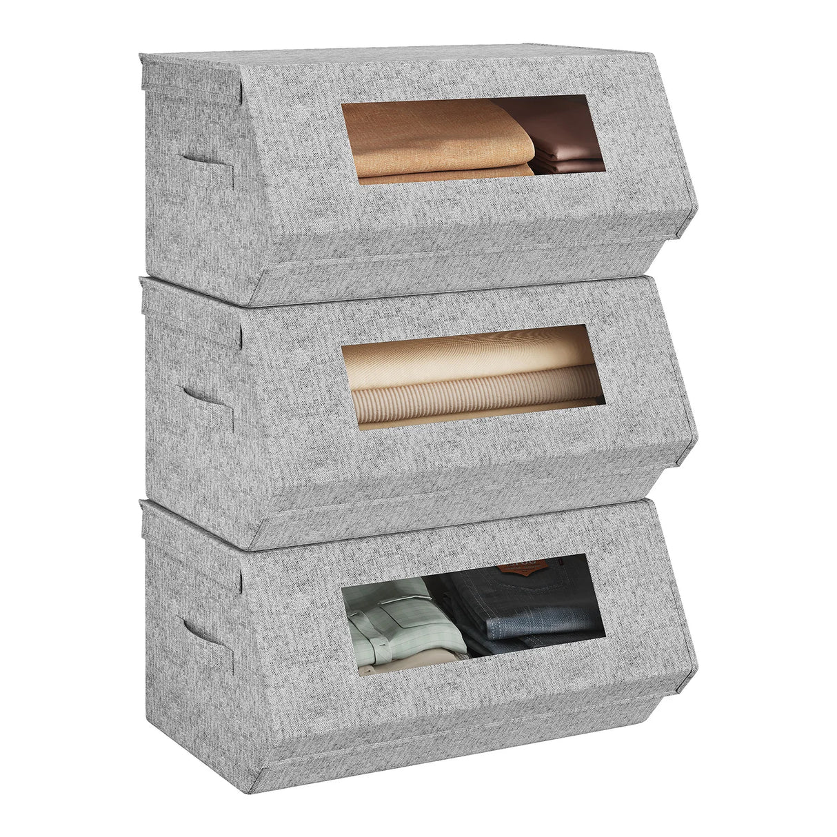 BukkitBow set van 3 stoffen opbergdozen met kijkvenster en magnetische sluiting op een zwart opbergrek