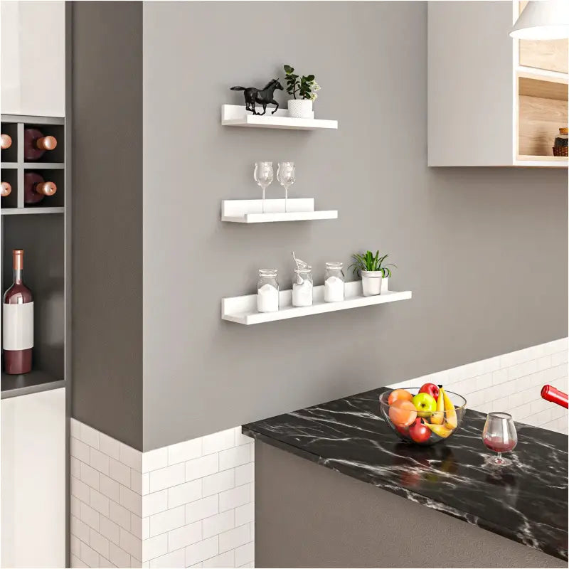 Set van 3 witte wandplanken van BukkitBow, MDF, groot en klein, ideaal voor boeken en decoratie, maximale belasting 5 kg