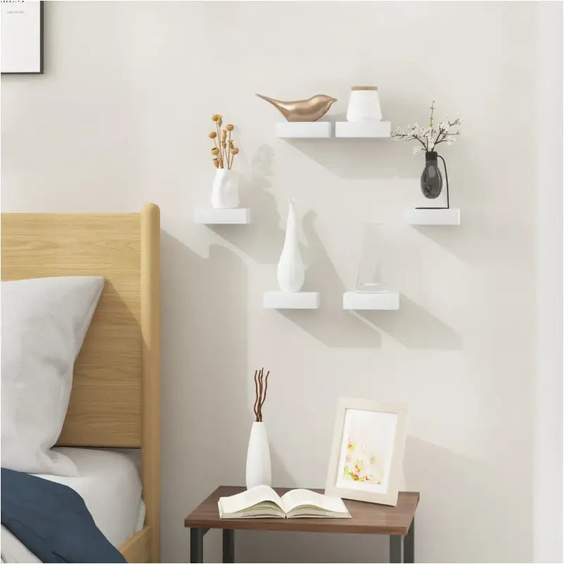 Set van 3 witte zwevende boekenplanken van BukkitBow, MDF, 10,5x7,8x3cm, draagvermogen 2,5kg.