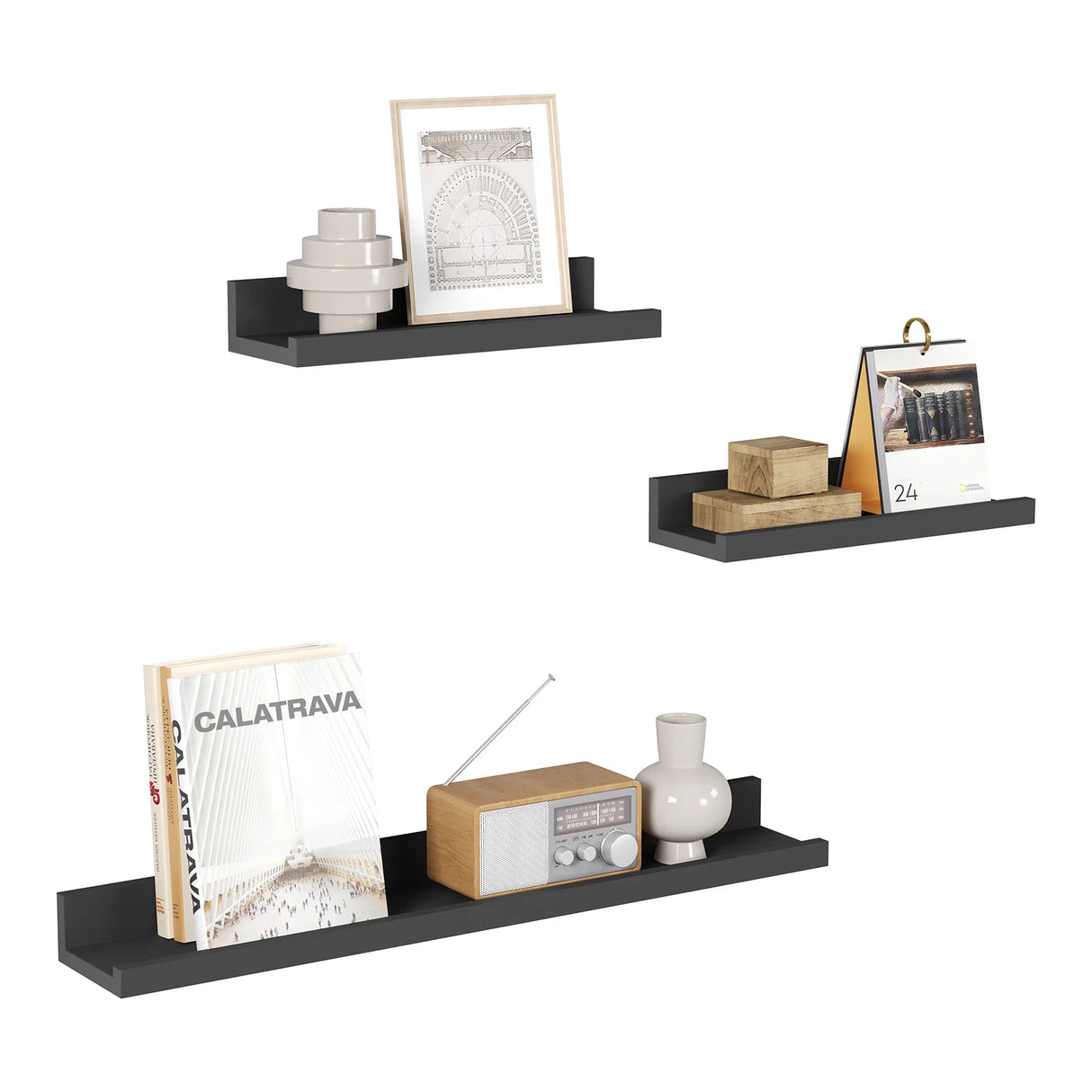 Set van 3 zwevende houten wandplanken van BukkitBow, perfect als boekenplank of fotoplank voor in huis