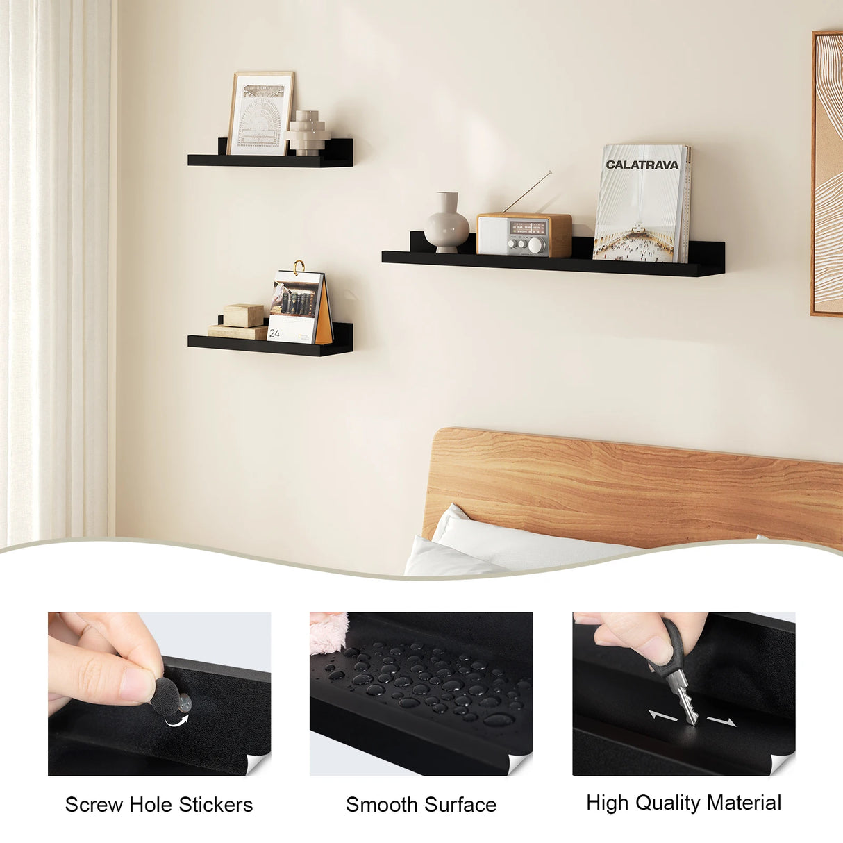 Set van 3 zwevende houten wandplanken van BukkitBow, ideaal als fotoplank of boekenrek voor in de woonkamer of slaapkamer.
