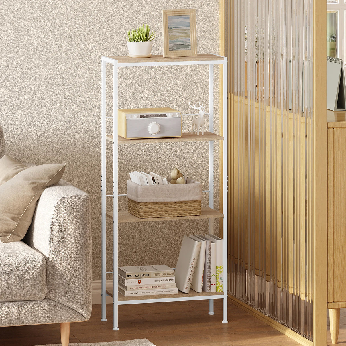 BukkitBow smal niche rek met 4 niveaus, industrieel metalen frame, opbergrek voor opslag en organisatie in huis of werkruimte