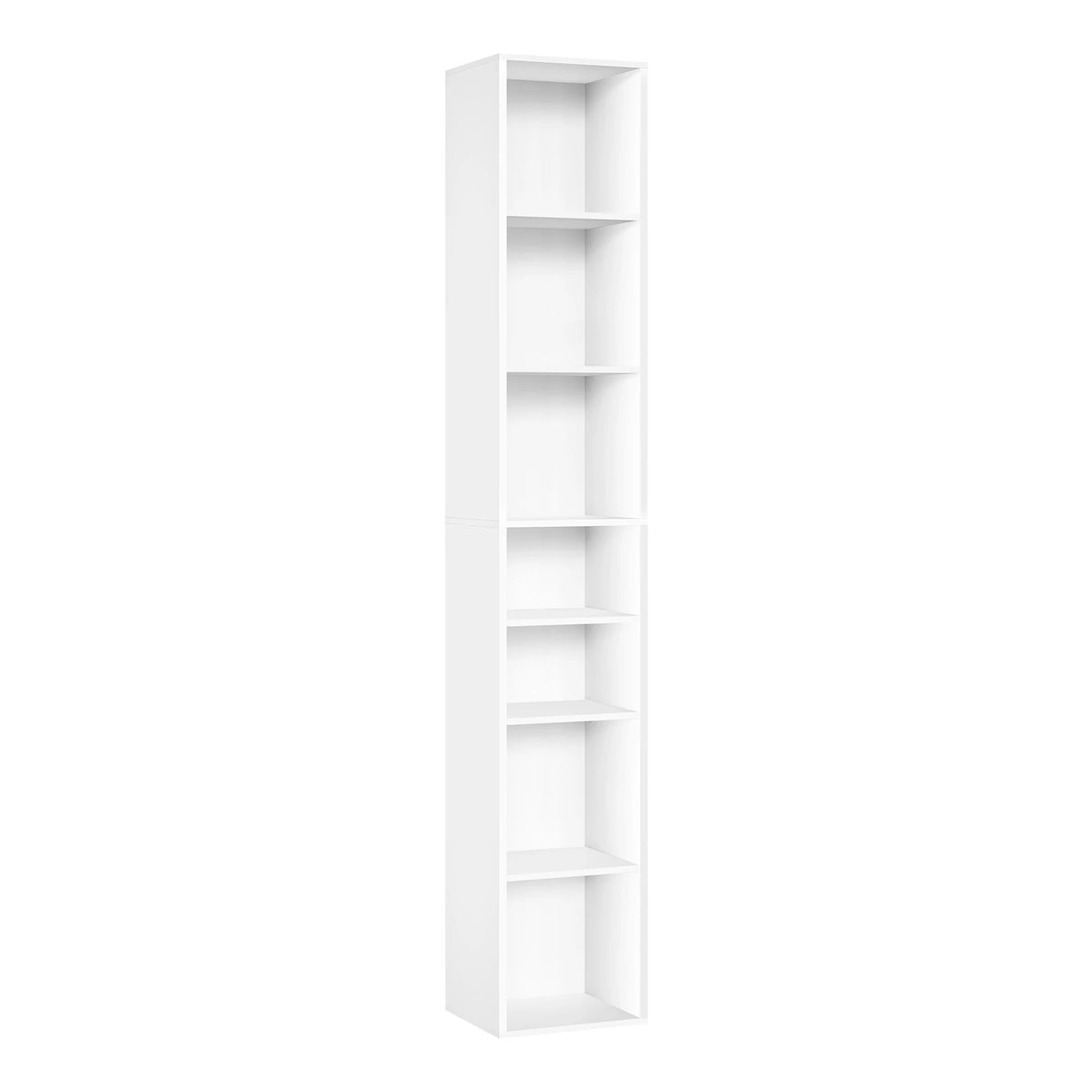 Witte BukkitBow hoge boekenkast met 7 vakken, 178,5 cm hoog, smal ontwerp, ideaal voor boeken en decoratie.