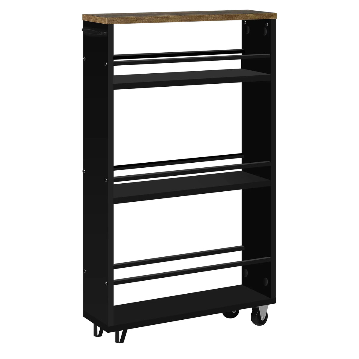 BukkitBow - Smalle Keukentrolley - 3 Lagen - Met Wielen & Rem - Houten Planken & Metalen Frame - Voor Keuken, Badkamer & Kantoor