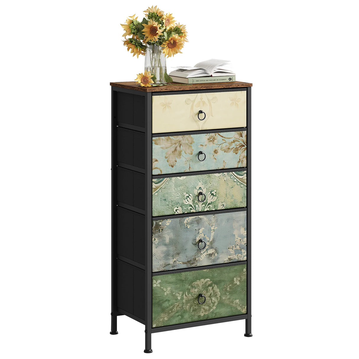 Vintage BukkitBow kleine ladekast met 5 stoffen laden en bloemenmotief, compact en stijlvol voor in elke kamer
