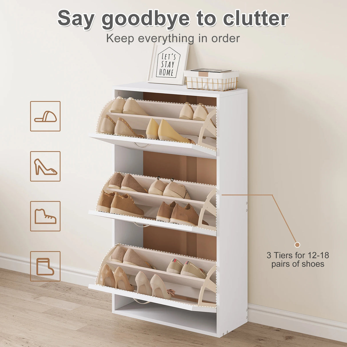 BukkitBow schoenenrek, smalle witte schoenenkast met 3 kantelbare laden, hoog, geschikt voor schoenen en accessoires