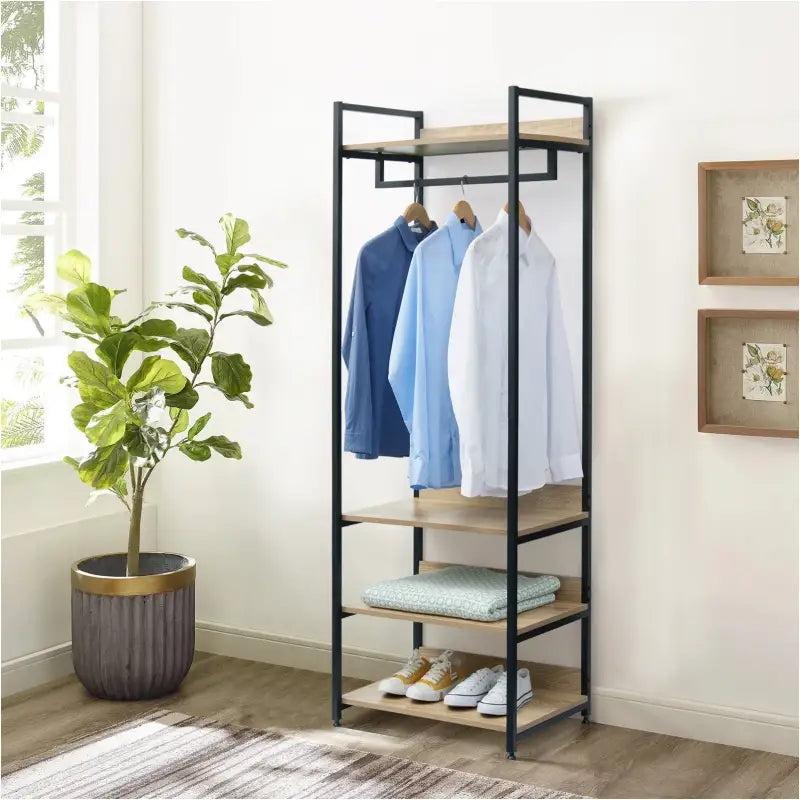 BukkitBow staande kapstok met planken en grote opslagruimte, 56x36x170cm, multifunctioneel en handig voor jassen en accessoires
