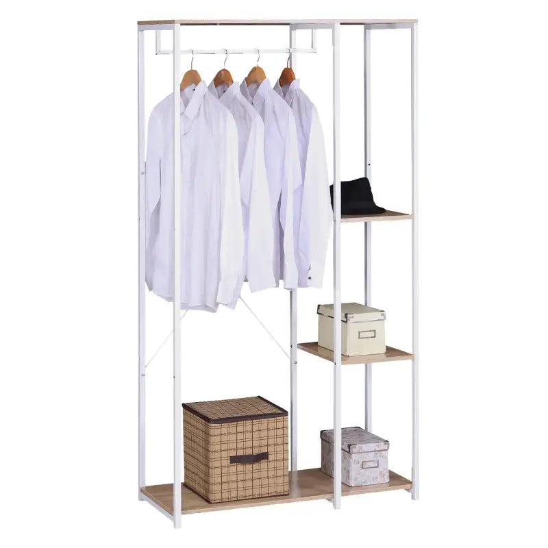 BukkitBow staande kapstok met houten planken, ophanghaken voor jassen en schoenenplank, modern en functioneel design
