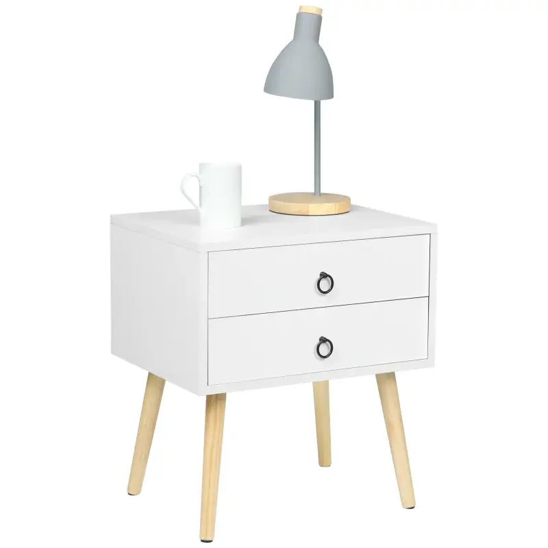 BukkitBow stabiel nachtkastje van MDF en massief hout, 46x35x50 cm, geschikt tot 5 kg, in een moderne slaapkamer.