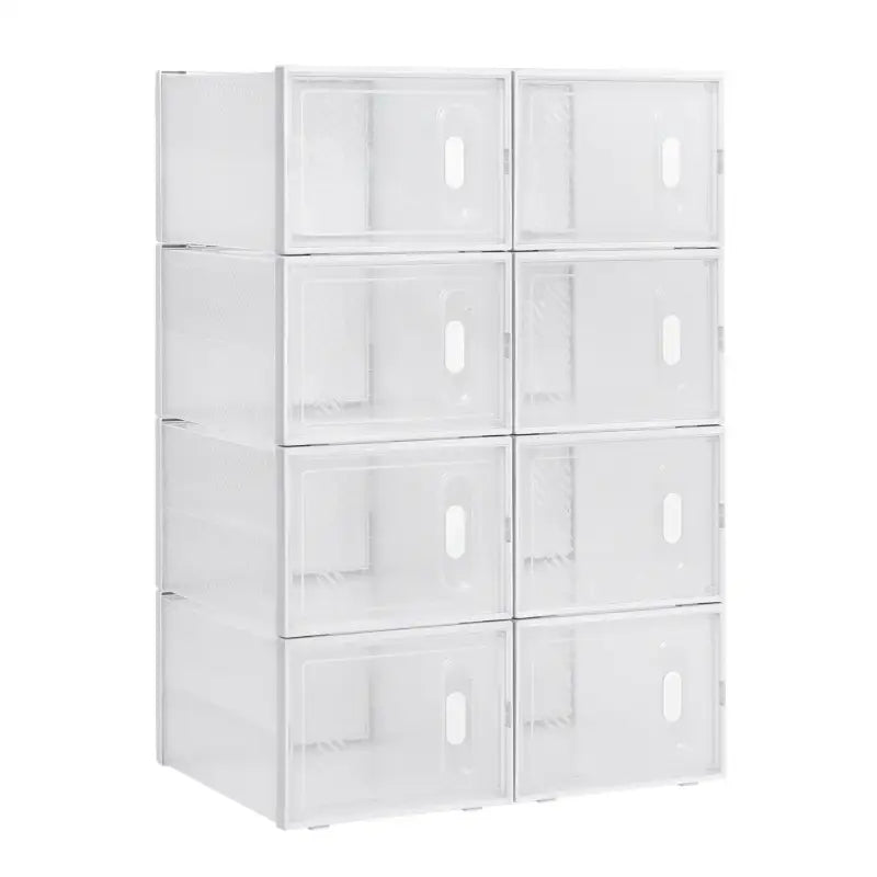 BukkitBow stapelbare schoenendozen set van 8, 12 of 18 met transparante vakken en deurtjes, wit sneaker organizer schoenenrek