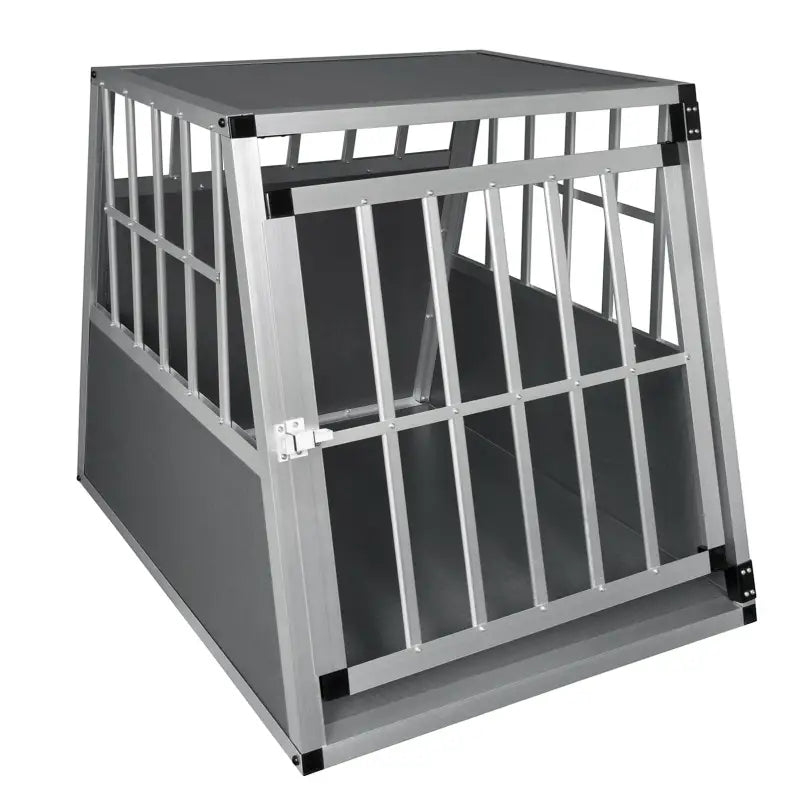 Stevige aluminium/MDF hondenkooi van BukkitBow met trapeziumvorm, volledig doorkijkend en geventileerd, 71x85x65cm, hondentransportbox.