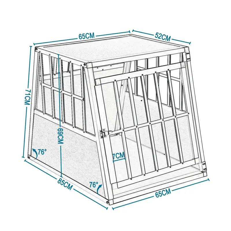 Stevige aluminium/MDF hondenkooi van BukkitBow, trapeziumvormig met volledige doorkijk en ventilatie, 71x85x65cm.