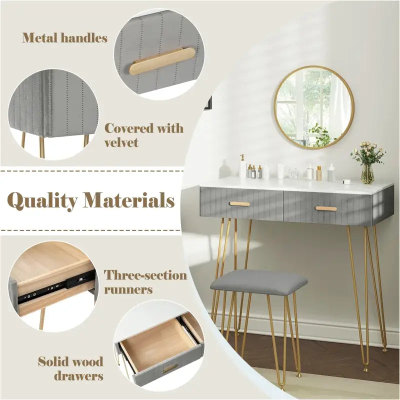 BukkitBow stijlvolle kaptafel set met spiegel en kruk, stevig metalen frame, fluweelafwerking en gouden details, 80x77,5x40 cm