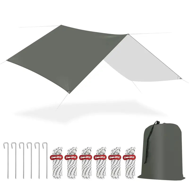 Grijs waterdicht BukkitBow tentzeil met oogjes, touwen en haringen voor zonwering SPF50+ bescherming.