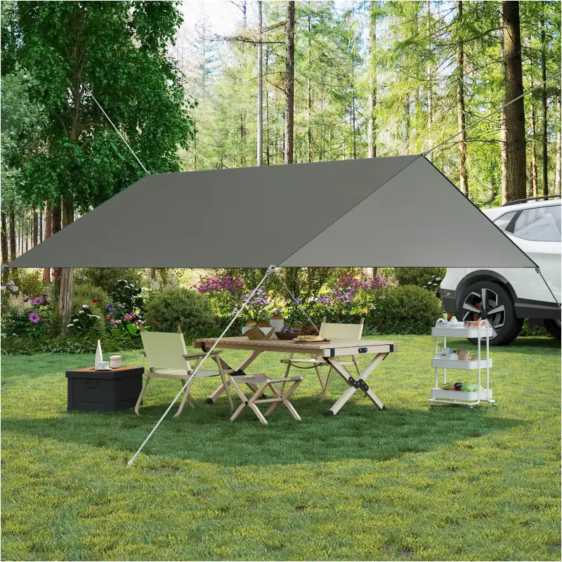 Grijs waterdicht BukkitBow tentzeil met oogjes, touwen en haringen, geschikt voor zonwering SPF50+ camping en buitengebruik
