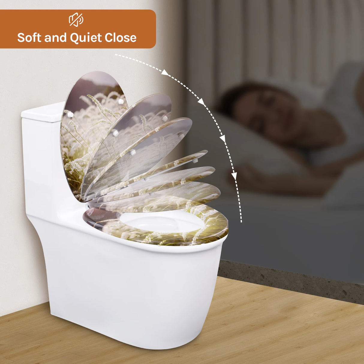 Toiletbril van BukkitBow met softclose, waterafstotend en antibacterieel, met print, geschikt voor toiletzitting.