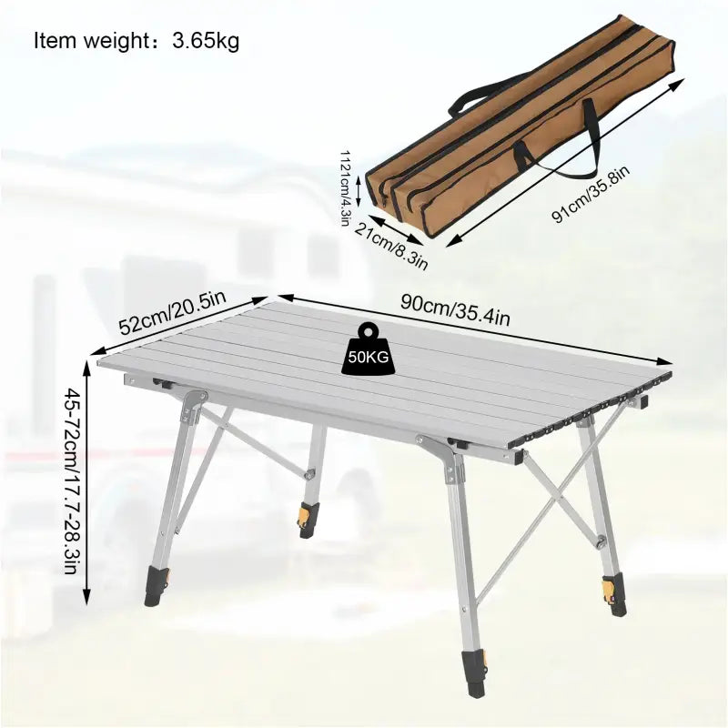 BukkitBow verstelbare aluminium campingtafel met opbergzak, compact en draagbaar, 90x52.2x(45-72) cm, geschikt voor 30 kg belasting.