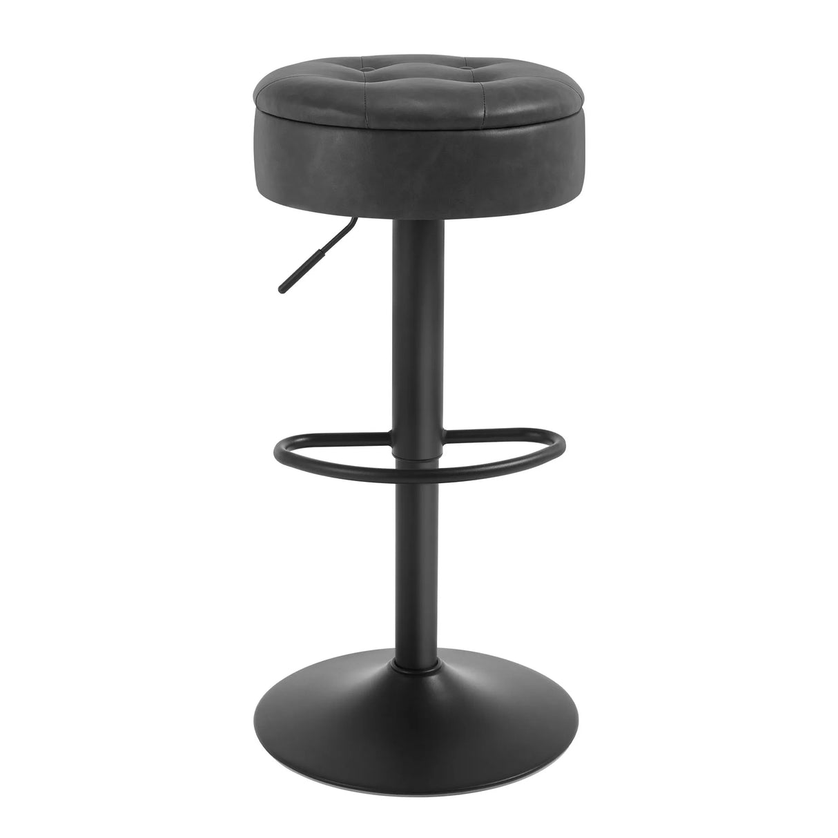 Verstelbare BukkitBow barkruk met verborgen opbergruimte, modern design, zwart met houten poten, geschikt voor bar of keuken.