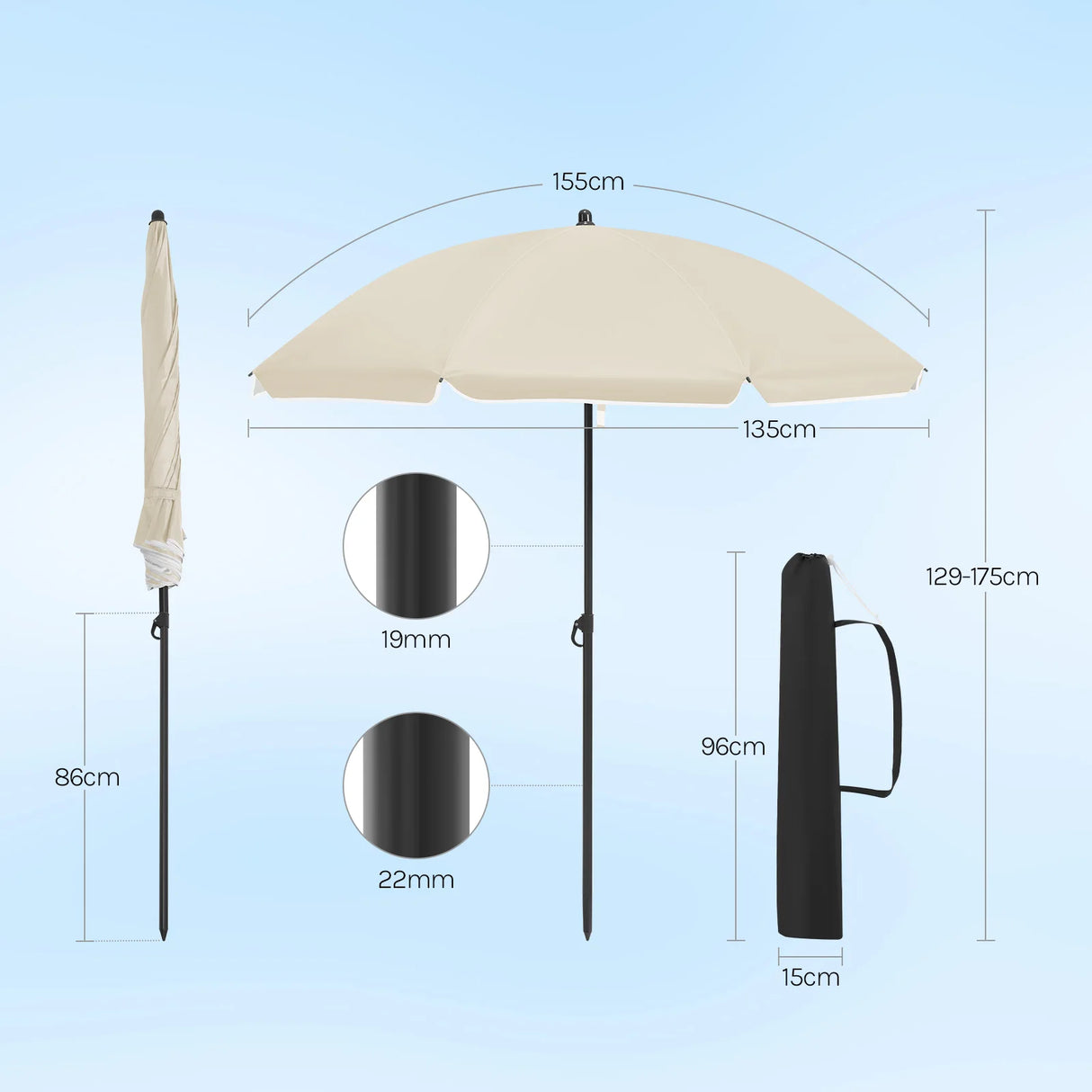 BukkitBow verstelbare parasol met kantelfunctie, draagtas en UPF 50+ bescherming, geschikt voor buitengebruik