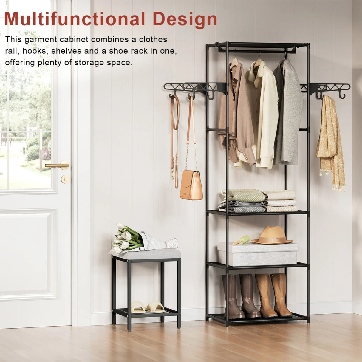 BukkitBow vrijstaand kledingrek met metalen frame, haken en legplanken, geschikt voor slaapkamer of hal, open garderobe.