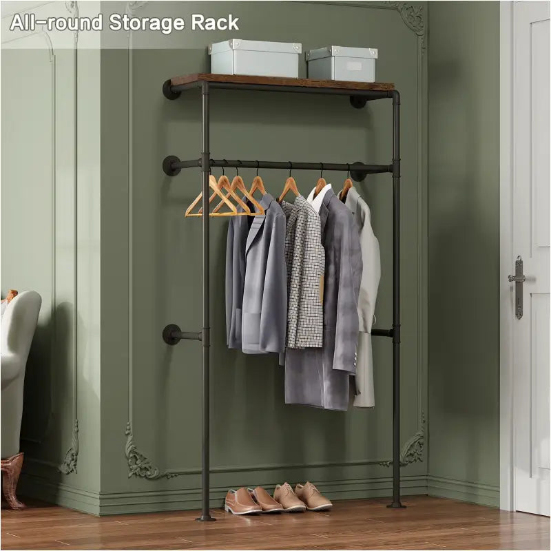 BukkitBow wandgemonteerd kledingrek in industriële vintage stijl met rail en plank, robuust en ruimtebesparend, 103x35x187cm